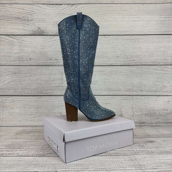 Top Moda Women's Blue Imogen Embellished Studded Sparkle Western Boots Size 7.5 - Picture 1 of 9